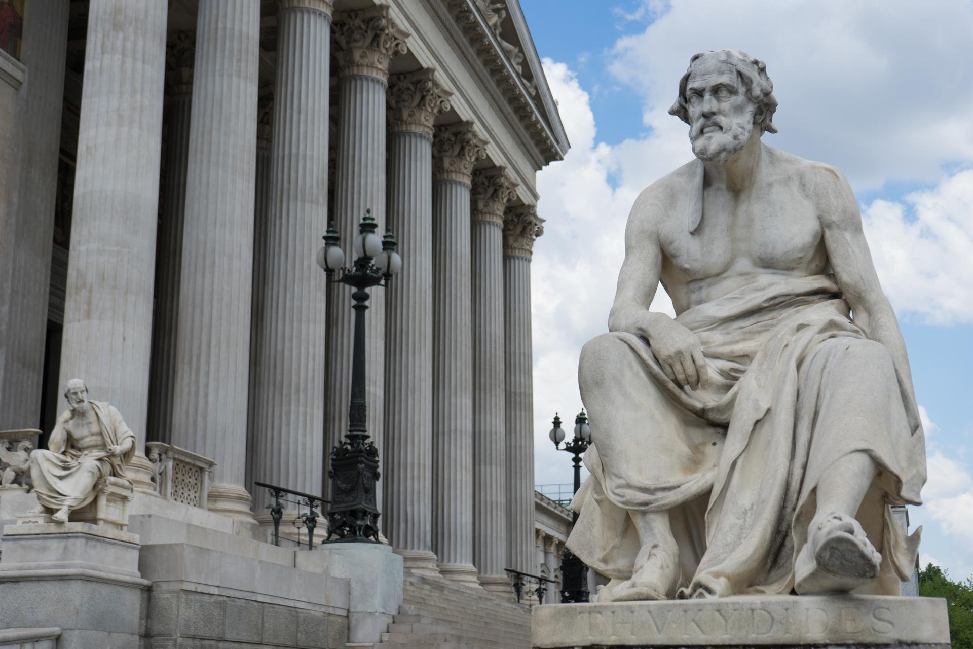 Statue portrait of greek historian Thucydides in front of the Austrian parliament in Vienna.