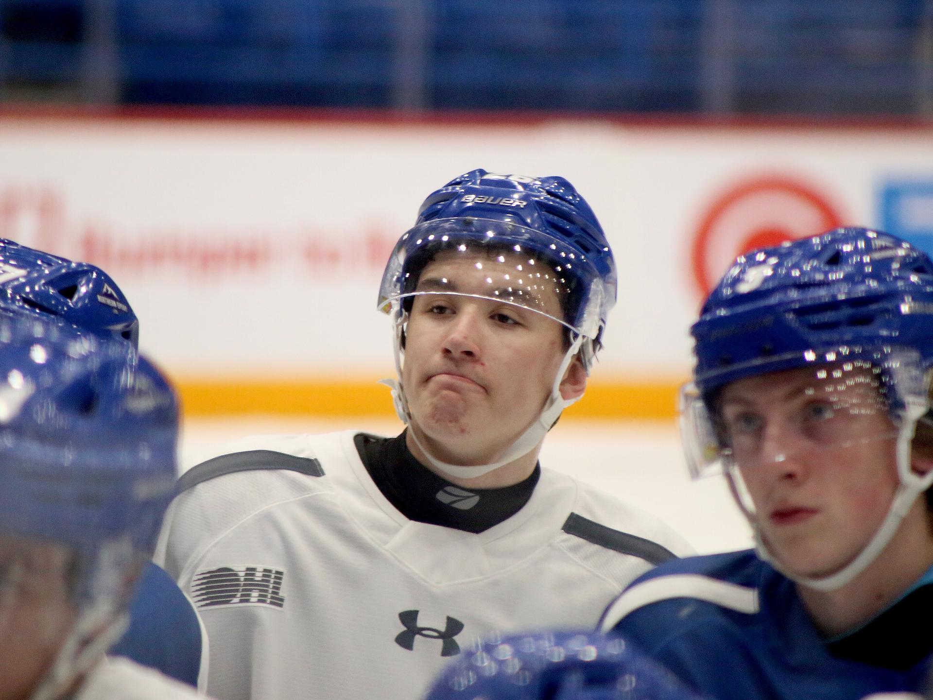 Sudbury Wolves forward Jan Chovan listens to coaches during a team practice at Sudbury Community Arena.