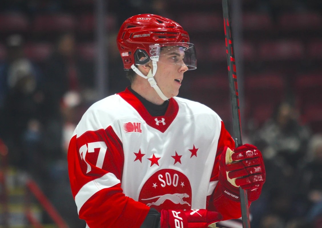 Sault Ste. Marie Greyhounds forward Colin Fitzgerald gets ready for a whistle to begin play during a home game.