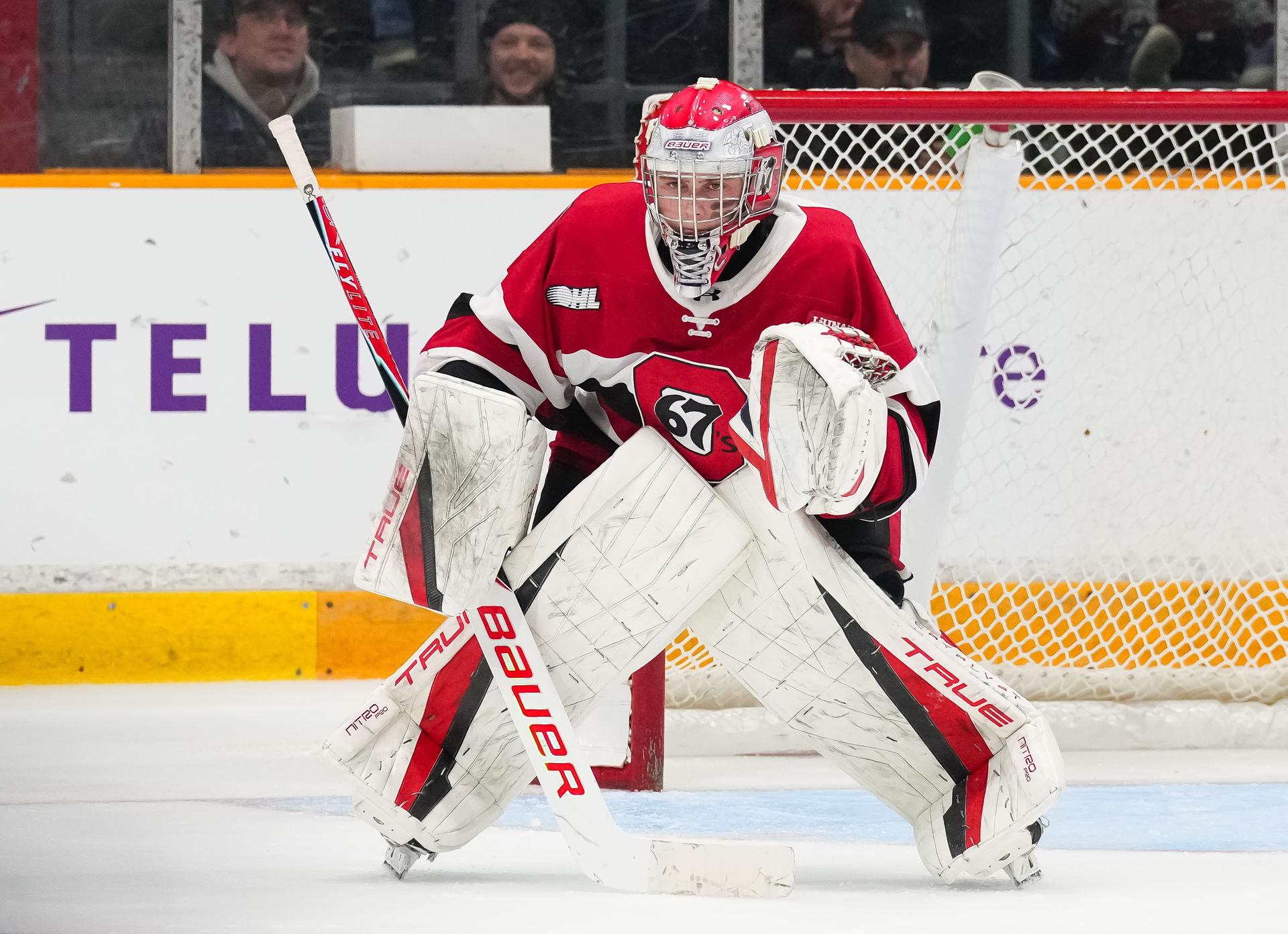 Ottawa 67's netminder Ryder Fetterolf in net against the Barrie Colts in Game 4 of their Ontario Hockey League second-round playoff series.