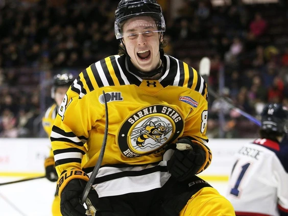 A hockey player celebrates