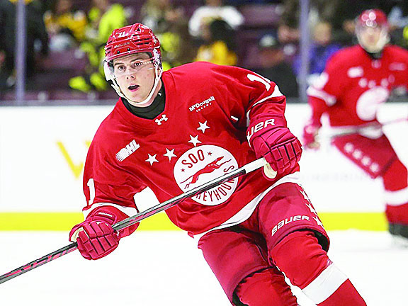 Centre Colin Fitzgerald skates in his first game with the Sault Ste. Marie Greyhounds following a shocking trade from Peterborough.