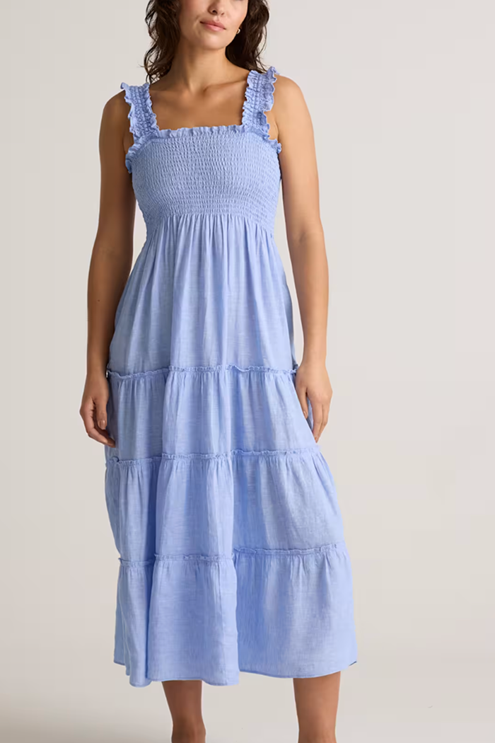 100% European Linen Smocked Midi Dress