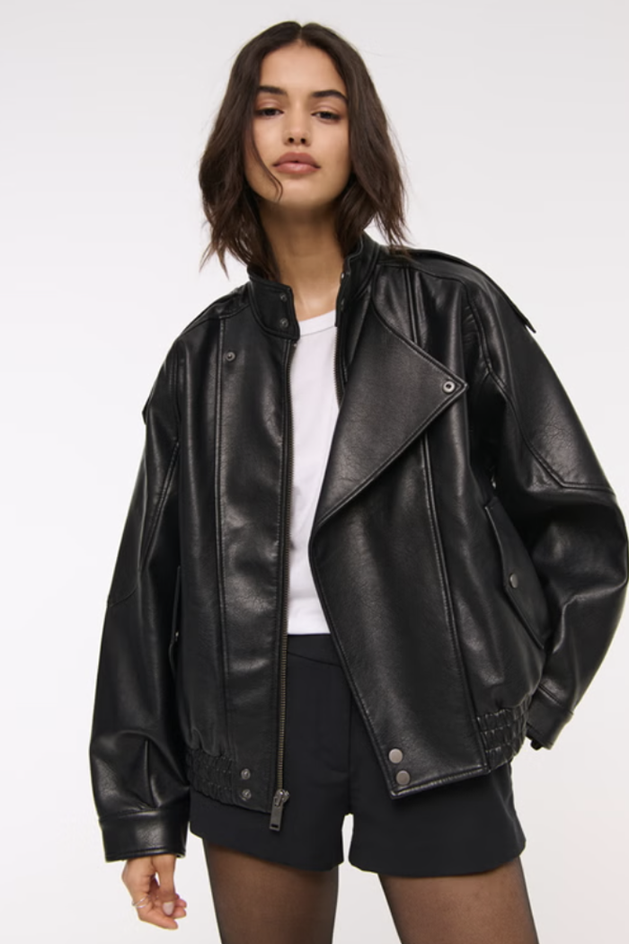 Relaxed Mockneck Vegan Leather Bomber Jacket