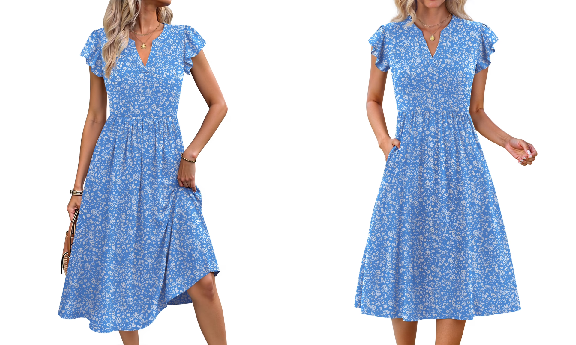 Ruffle Sleeve V-Neck Midi Dress