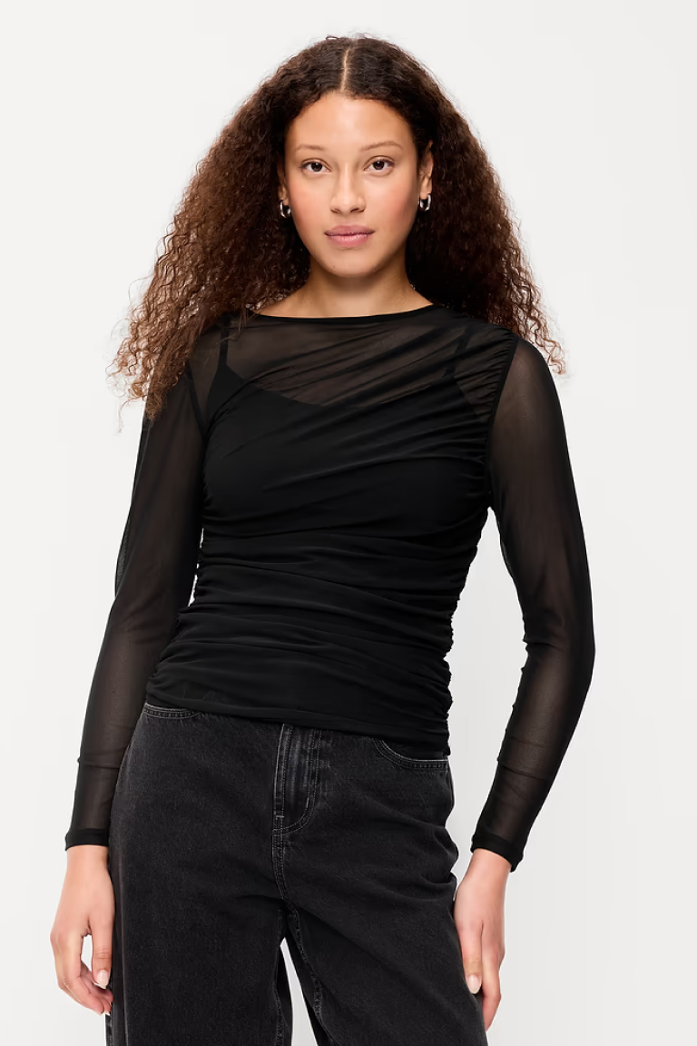 Long-Sleeve Asymmetrical Unlined Mesh Top