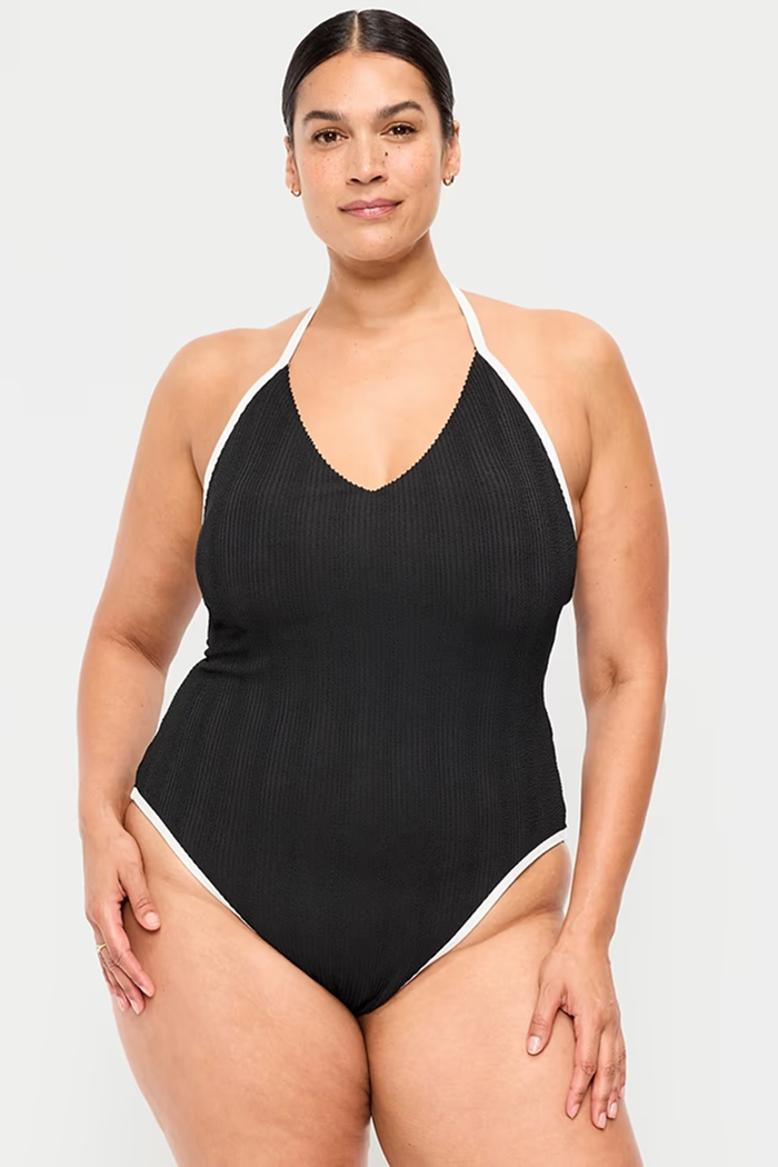 Ribbed V-Neck Halter One-Piece Swimsuit