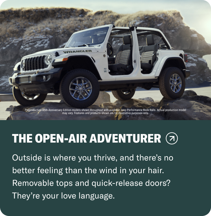 The Open-Air Adventurer: Outside is where you thrive, and there's no better feeling than the wind in your hair. Removable tops and quick-release doors? They're your love language.