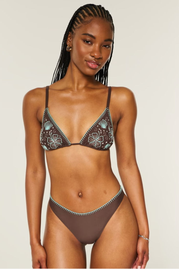 Embellished Stitch Over-the-Shoulder Triangle Bikini Top & Stitched High-Leg Cheekiest Bikini Bottom