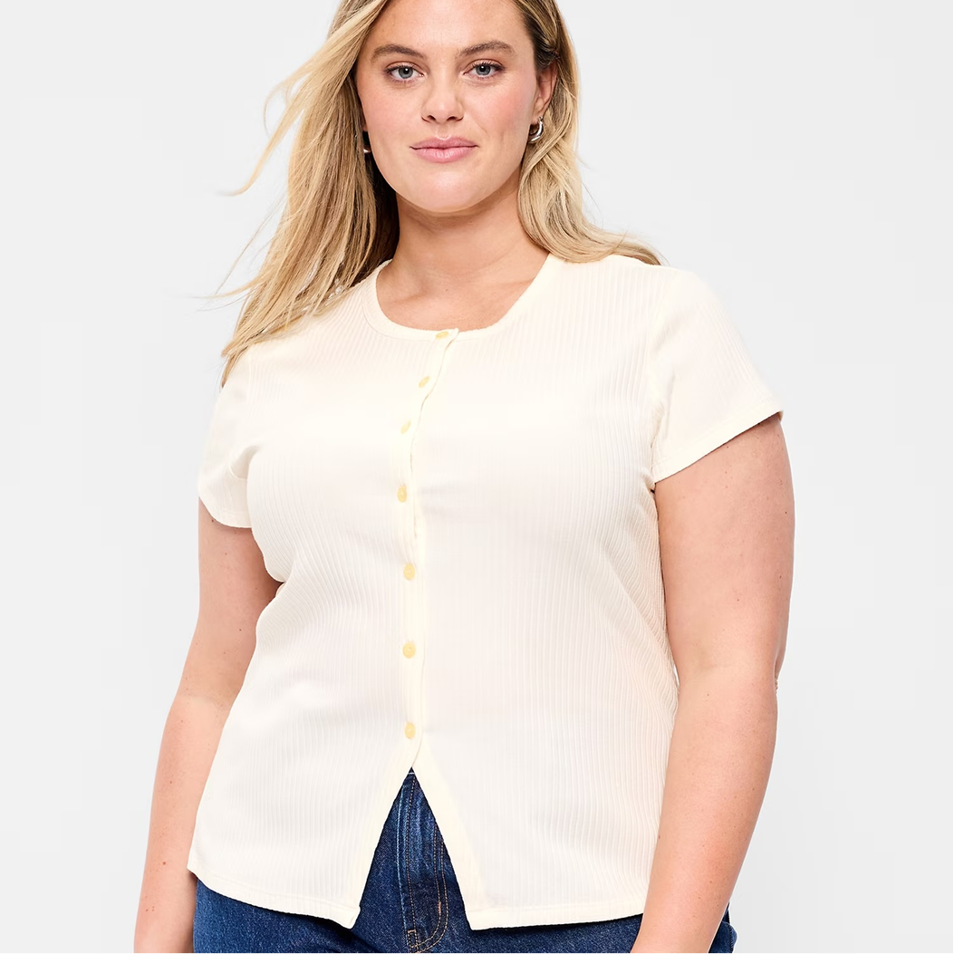 Short-Sleeve Ribbed Button-Down Top