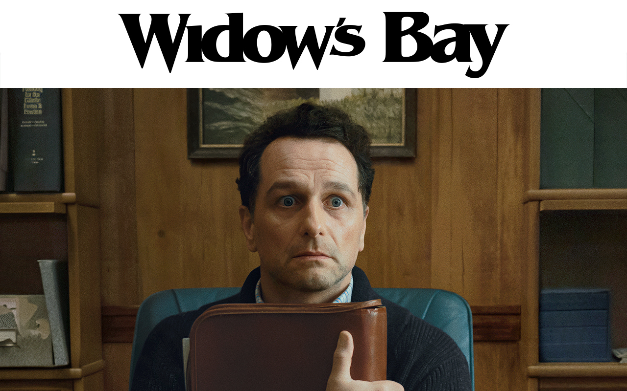 A still of an actor in WIDOW'S BAY. Text over reads: WIDOW'S BAY.