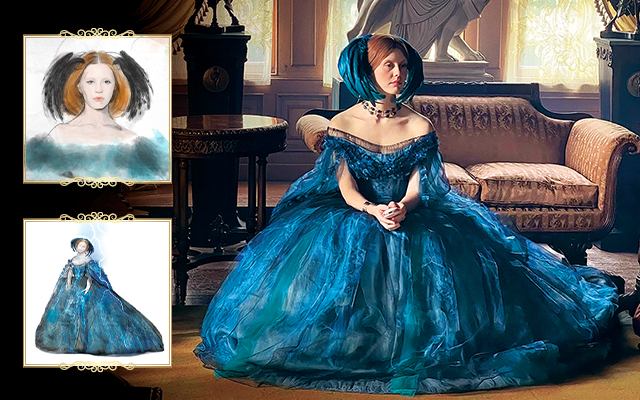 A collage of images with sketches on the left of the character's costume and the character seated on a stool wearing a blue gown and blue feather headpiece.
