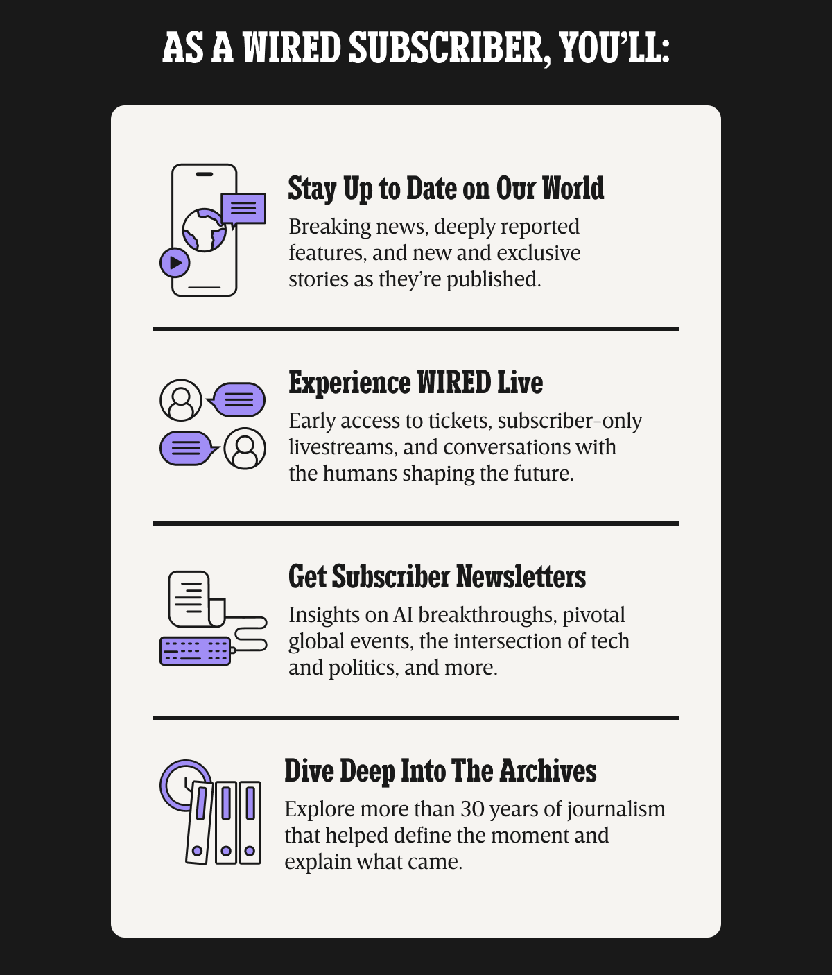 As a WIRED subscriber, you’ll: Stay up to date on our world - 
Breaking news, deeply reported features, and new and exclusive stories as they’re published. | Experience WIRED live - Early access to tickets, subscriber-only livestreams, and conversations with the humans shaping the future. | Get Subscriber Newsletters - Insights on AI breakthroughs, pivotal global events, the intersection of tech and politics, and more. | Dive deep into the archives - Explore more than 30 years of journalism that helped define the moment and explain what came.