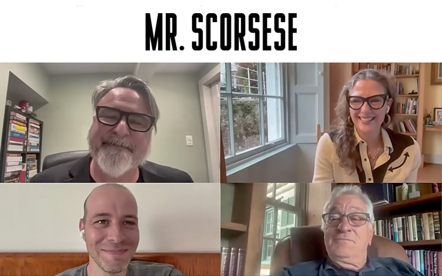 Four stills of people discussing MR. SCORSESE virtually. Text over reads: MR. SCORSESE.