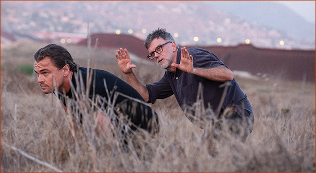 Paul Thomas Anderson directing Leonardo DiCaprio in a shot for ONE BATTLE AFTER ANOTHER.
