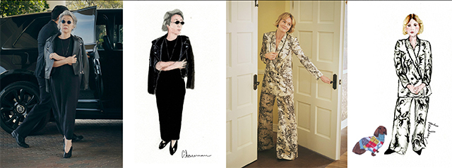 Two outfit sketches side-by-side with images of the actors wearing them in BEEF.