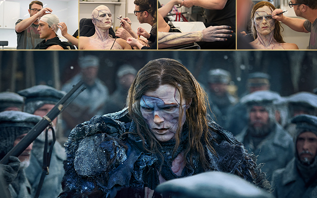 A collage of images of a character getting their costume makeup done.