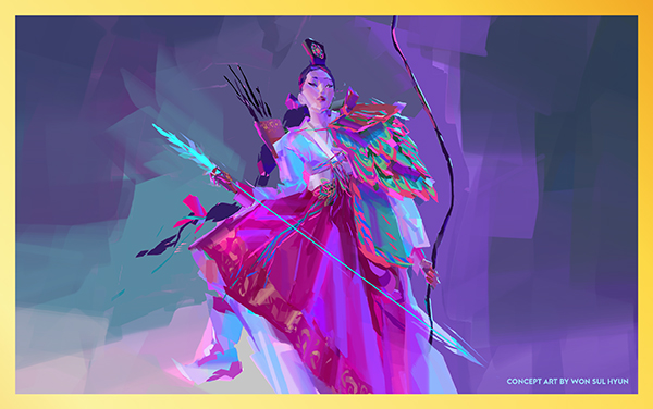 A still of a warrior character from KPOP DEMON HUNTERS. Text over reads: Concept art by Won Sul Hyun.