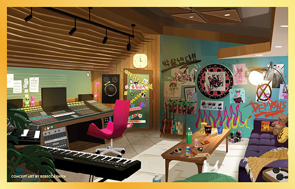 An animated music studio from KPOP DEMON HUNTERS. Text over reads: Concept art by Rebecca Shieh.
