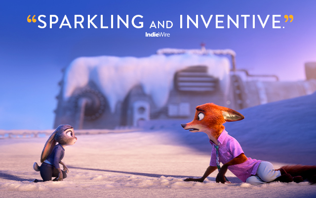 Animated characters, a fox and a bunny, from ZOOTOPIA 2 looking at each other while outside in snow. Text over reads: 'Sparkling and inventive.' IndieWire.