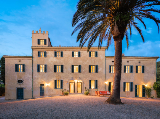 An Italian villa with a large palm tree in the front yard.