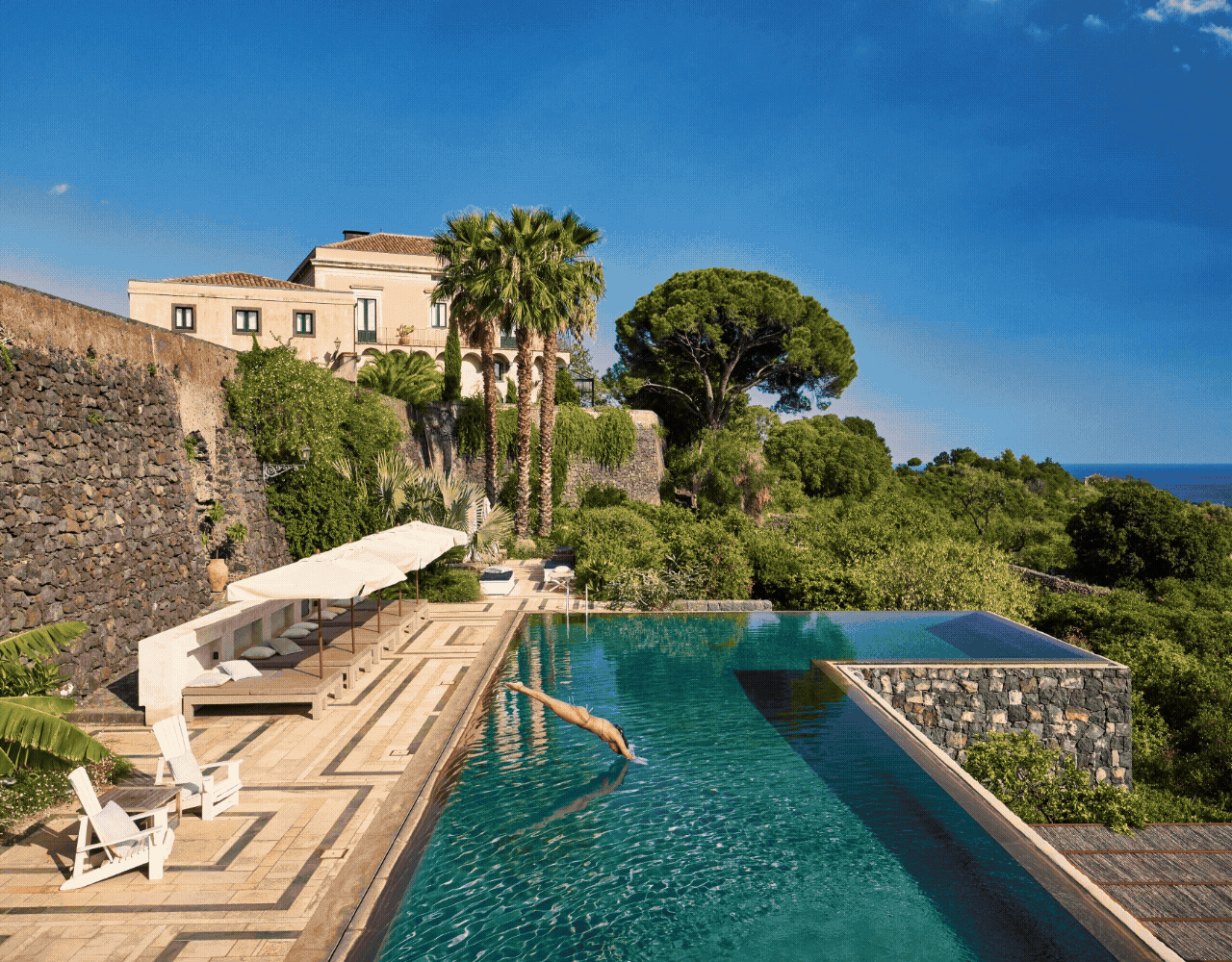 Three images: Two of backyard, resort like pools and one of a family toasting drinks at dinner.
