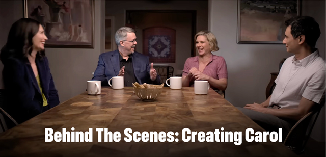 A group of four sitting at a table having coffee. Text over reads: Behind The Scenes: Creating Carol.