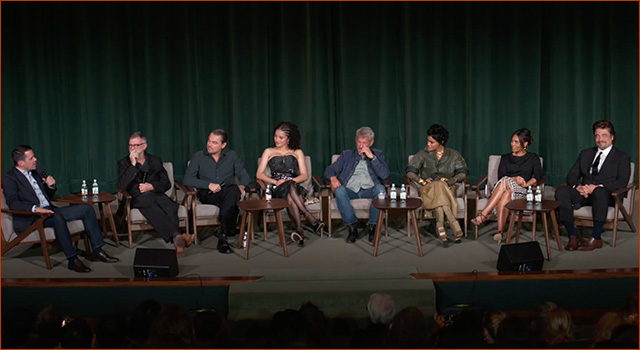 The cast and creators of ONE BATTLE AFTER ANOTHER speaking on a panel.
