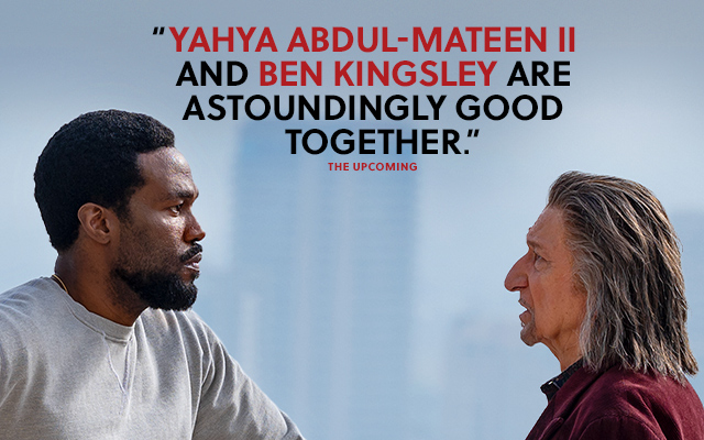 Two people looking at each other in Marvel Television WONDER MAN. Text over reads: 'Yahya Abdul-Mateen II and Ben Kingsley are astoundingly good together.' The Upcoming.
