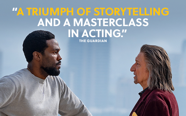 Two people looking at each other. Text over reads: 'A triumph of storytelling and a masterclass in acting.' The Guardian.