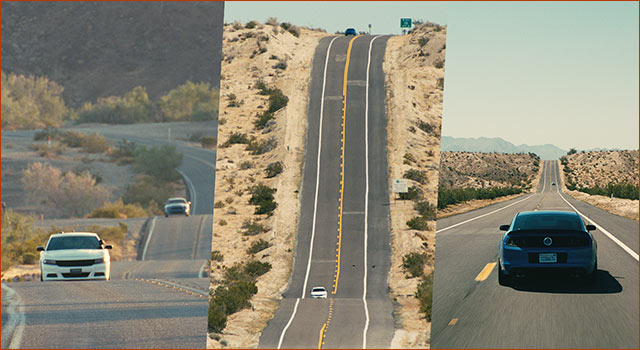 Three stills of a desert highway police chase in ONE BATTLE AFTER ANOTHER.