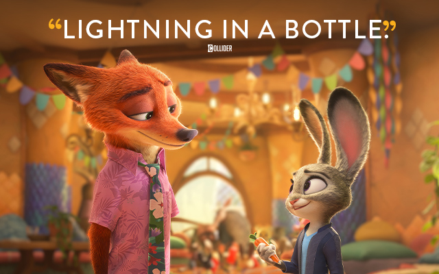 Animated characters, a fox and a bunny, from ZOOTOPIA 2 looking at each other inside a home. Text over reads: 'Lightning in a bottle.' Collider.