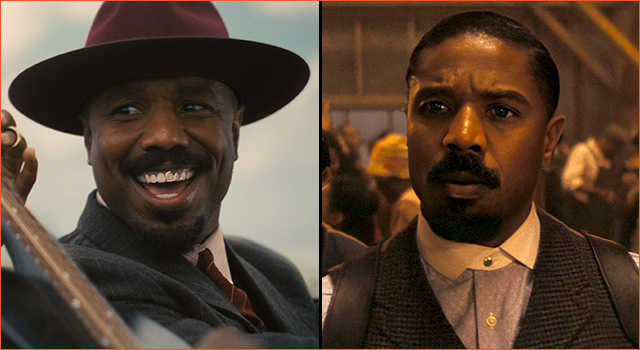Two stills of Michael B. Jordan acting in SINNERS.