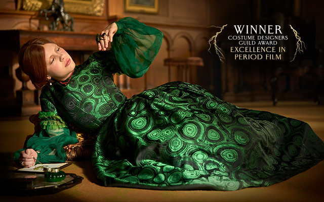 A still of Mia Goth acting in FRANKENSTEIN. Text over reads: Winner: Costume Designers Guild Award, Excellence in Period Film.