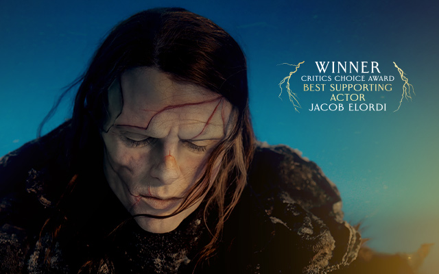 Jacob Elordi acting in FRANKENSTEIN. Text over reads: Winner: Critics Choice Award Best Supporting Actor, Jacob Elordi.