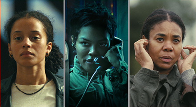 Three stills of Chase Infiniti, Teyana Taylor and Regina Hall acting in ONE BATTLE AFTER ANOTHER.