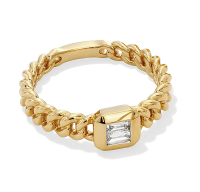 Yellow gold chain-link ring with a rectangular diamond accent in a bezel setting.