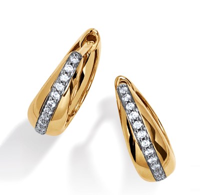 Yellow gold huggie earrings featuring a row of round diamonds in a sleek crossover design.