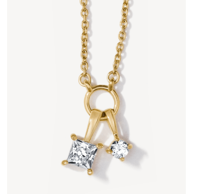 A yellow gold pendant necklace with princess-cut and round diamonds in a drop design.
