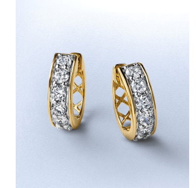 Pair of yellow gold hoop earrings with rows of round diamonds and open lattice sides.