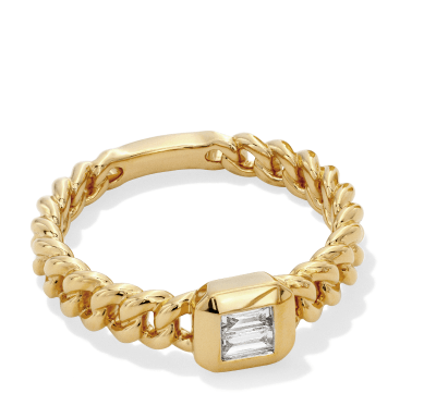 Yellow gold chain-link ring with bezel-set diamond.