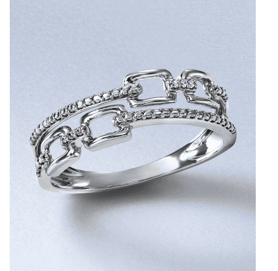 White gold ring with interlocking links and diamond accents.