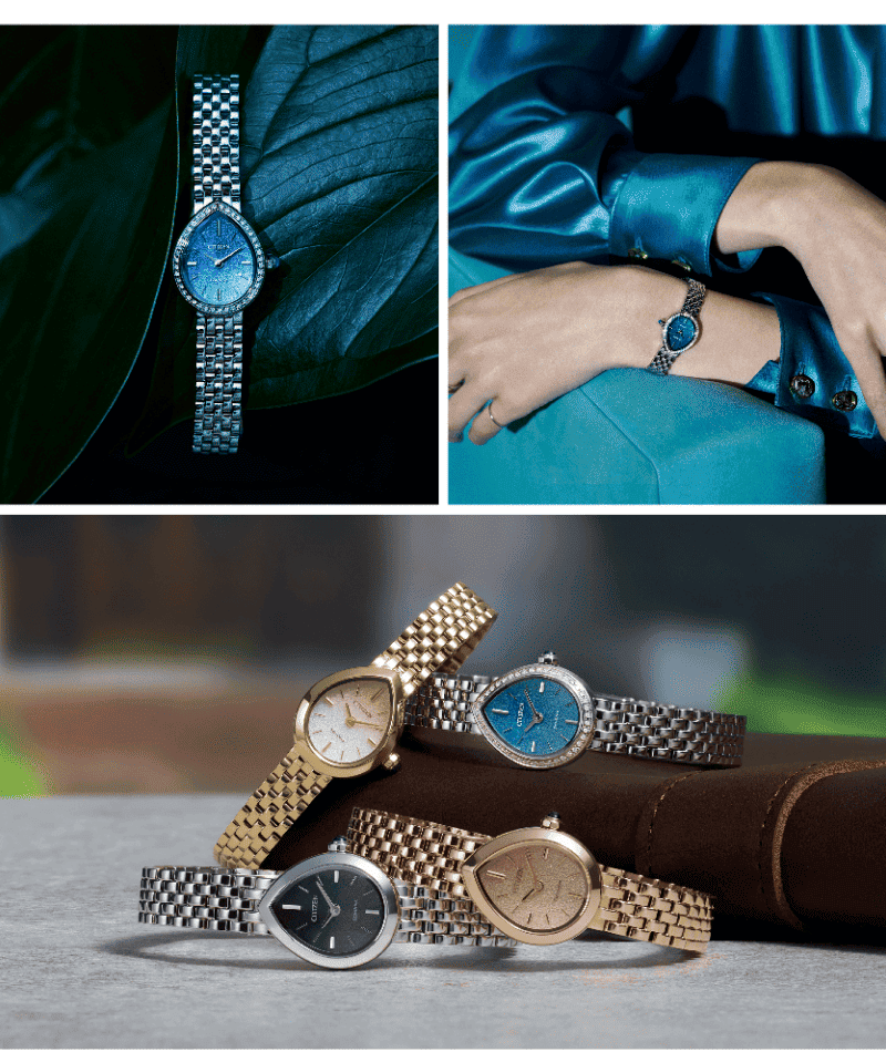 Citizen L Rainell watches in blue, silver, gold and rose gold, displayed individually, grouped together and worn by model.