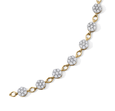 Yellow gold bracelet featuring round diamond cluster links connected by polished gold accents.