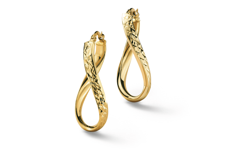 Yellow gold twisted teardrop hoop earrings with diamond-cut detailing.