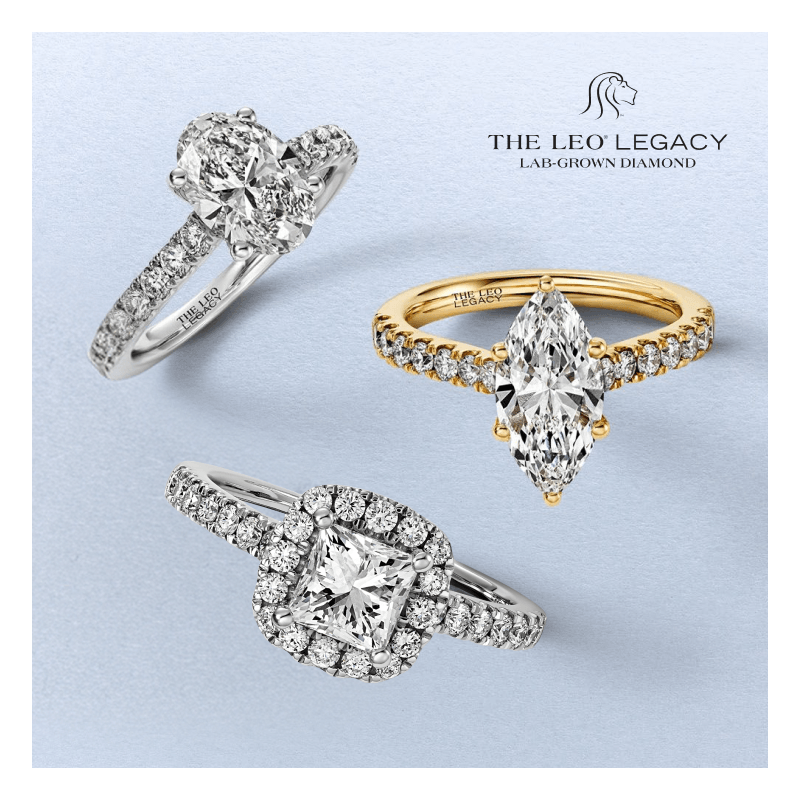 Three diamond engagement rings featuring marquise, oval and radiant-cut center stones.