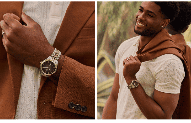 Citizen Rolan watch with a dark dial and two-tone bracelet, styled on a man’s wrist.