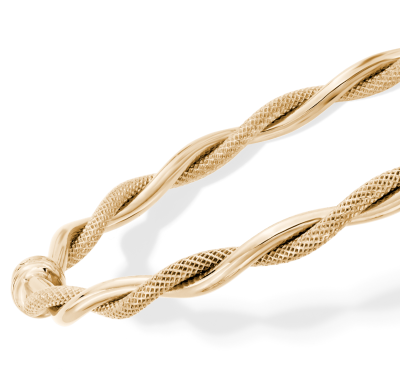 A twisted yellow gold bangle with textured woven design.