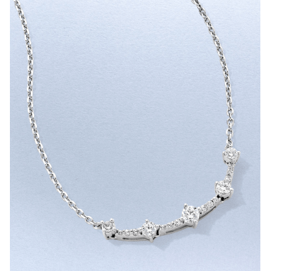 White gold necklace with round and star-shaped diamond clusters arranged along a delicate chain.