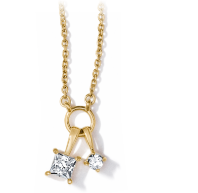 Yellow gold charm pendant necklace featuring princess-cut and round diamonds.